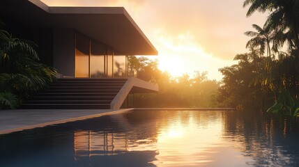 Fototapeta premium Modern luxury house with infinity pool at sunset