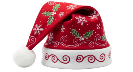 Elegant red santa hat adorned with holly and snowflake designs isolated on transparent background, perfect for christmas festivities