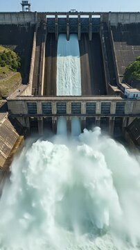Massive Concrete Dam Releasing Powerful Waterfall Under Clear Blue Sky