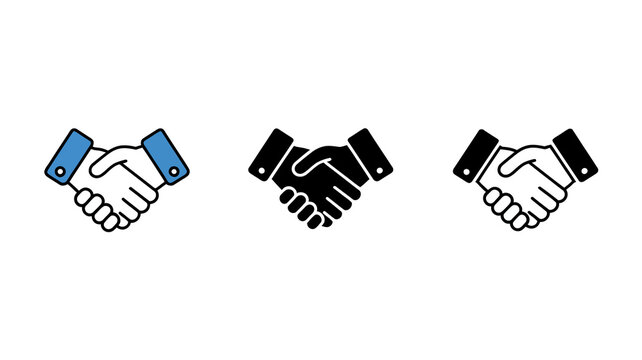 Business partnership handshake icons in three distinct styles: color outline, solid black, and clean line art, conveying agreement.