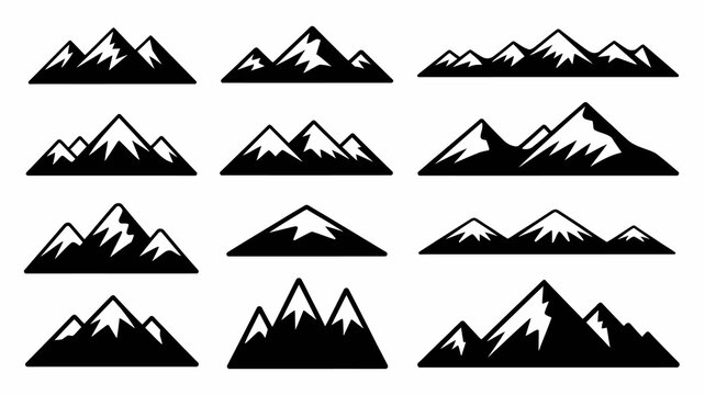 Set of diverse mountain peak icons and landscape silhouettes, featuring snowy summits in a minimalist vector style for nature themes.