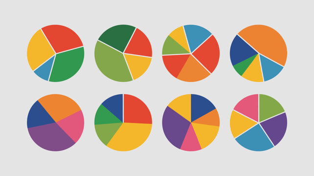 Eight colorful pie charts visualizing statistical data, proportional distribution, and quantitative analysis for business graphics and educational content.