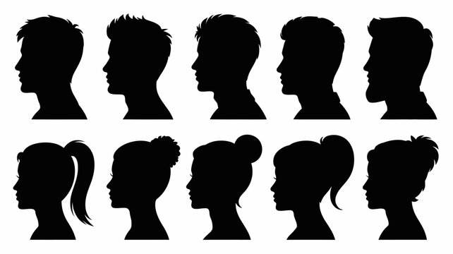 Diverse profile silhouettes: collection of adult male and female head shapes with various hairstyles and facial features.