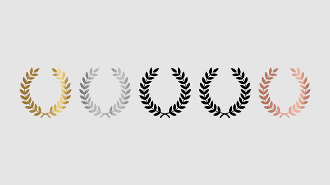 Set of five elegant laurel wreath icons in varying metallic and solid colors, representing victory, award, honor, and success.