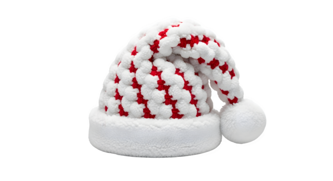 A cozy hand knitted santa hat with red and white stripes isolated on transparent background for christmas holiday season - Powered by Adobe