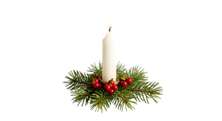 Burning white candle surrounded by evergreen branches and red berries isolated on transparent background for christmas decoration