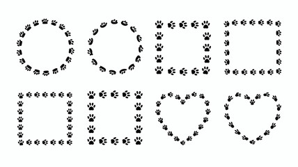Charming black paw print frames and borders set featuring diverse shapes like elegant circles, precise squares, and affectionate hearts.