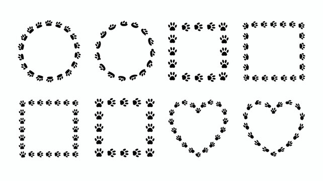 Charming black paw print frames and borders set featuring diverse shapes like elegant circles, precise squares, and affectionate hearts.