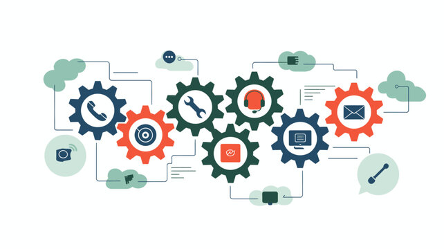 Complex business process automation and customer support solution represented by interconnected gears and technology icons