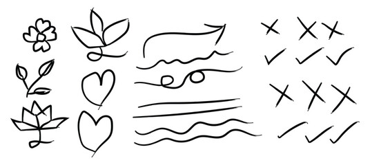 Hand drawn doodles isolated on, flower, heart, arrow, check mark