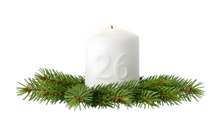 Advent candle with the number 26 and fir branches isolated on transparent background, a symbol of christmas and the prechristmas season