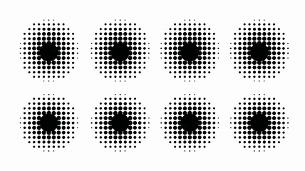 Monochrome halftone dot pattern array with radial gradient effect, abstract graphic design element on a clean white background.