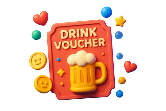 Colorful drink voucher ticket with beer mug, emoji, hearts, stars, and bubbles in playful 3D style isolated on white background. Ai generative