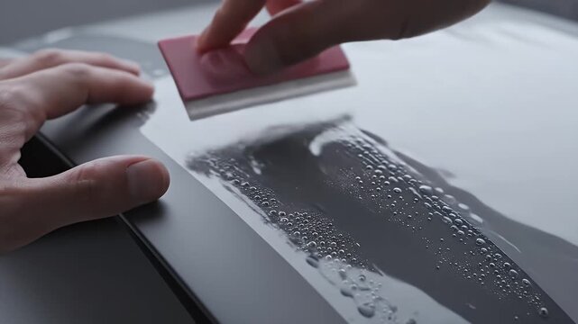 Applying Protective Film On The Surface With Hand And Spatula Close Up On Gray Background