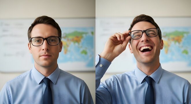 Two professional men in formal attire with glasses, one appearing serious and the other smiling happily, in an office environment with a world map in the background - Powered by Adobe