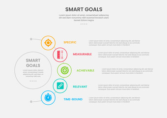 SMART goals infographic outline style with 5 point template with half circle line connection circular for slide presentation