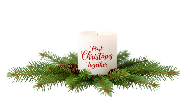 A festive candle with the inscription first christmas together isolated on transparent background is surrounded by fir branches