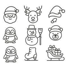 Cute outline Christmas character icon set featuring Santa penguin snowman reindeer sleigh and winter
