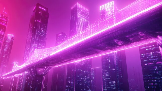 Neon pink futuristic cityscape with glowing bridge at night