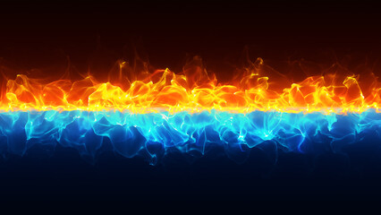 青とオレンジの炎がぶつかり合う、炎の線の枠のイラスト