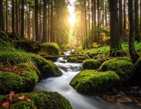 River flowing through mossy rocks under a forest canopy with sunlight