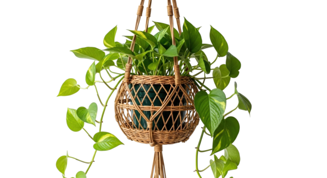 Hanging Rattan Plant Pot with Green Plant on White Background PNG Clean - Powered by Adobe