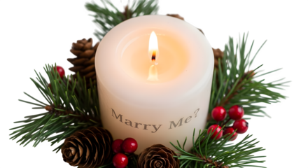 Closeup of a white candle with the words marry me surrounded by pine needles and berries isolated on transparent background
