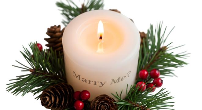Closeup of a white candle with the words marry me surrounded by pine needles and berries isolated on transparent background - Powered by Adobe