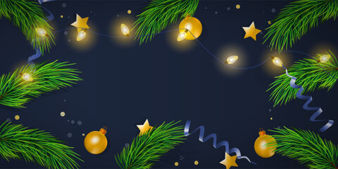 Fototapeta premium Christmas top view card with empty in center and lights. Mockup for your xmas design. Decorations on dark blue background