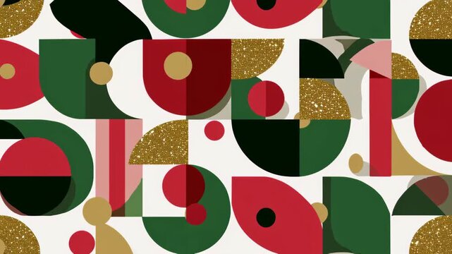 A colorful design with gold glitter and red and green shapes. The design is a Christmas pattern. Pattern composed modern shapes red green white gold simplified vector