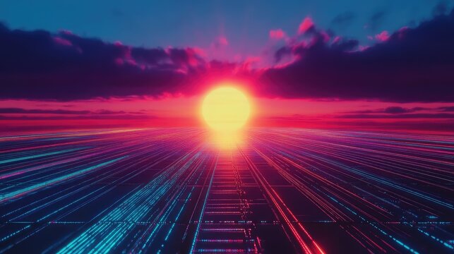 Retrowave sunset horizon with neon digital grid lines