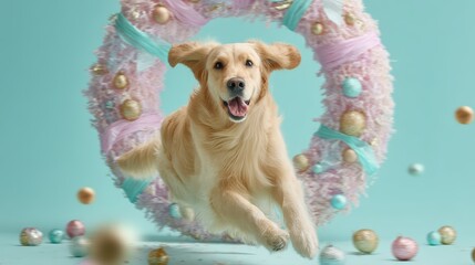 Golden retriever leaping through wreath hoop on pastel aqua seamless background