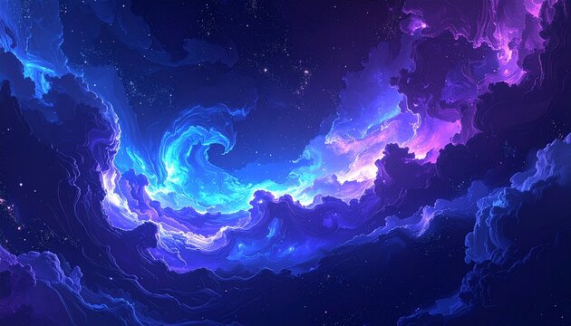 Abstract interpretation of a starry night sky, swirling galaxy patterns, glowing particles, vibrant gradients of blue and violet, futuristic and artistic. 