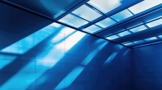 Blue modern architecture ceiling with sunlight shadows