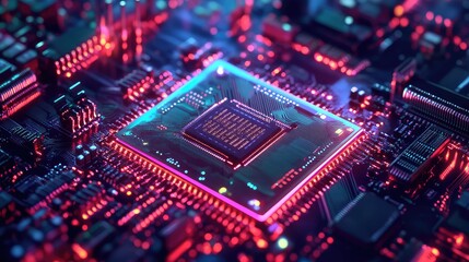 Fototapeta premium Microchip processor glowing on futuristic circuit board