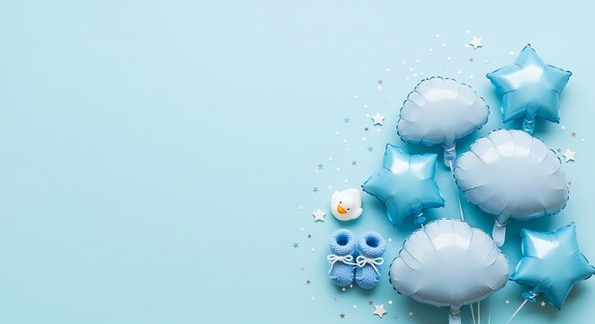 Blue Baby Shower Decorations With Balloons and Booties on Light Blue Background celebration