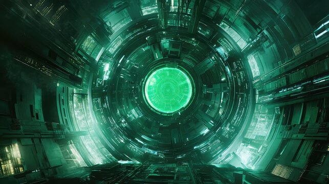 Futuristic portal opening into a green energy tunnel