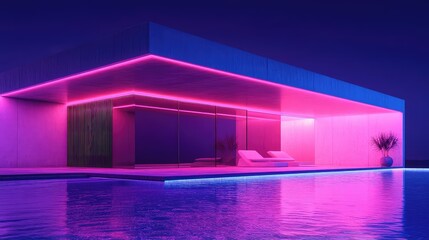 Modern villa exterior with glowing pink and blue neon lights