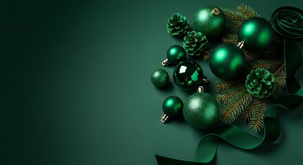 Dark Green Christmas Ornaments Pine Cones and Ribbon on Deep Green Background holiday decoration