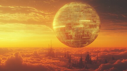 Futuristic dyson sphere orbiting cloud city sunset