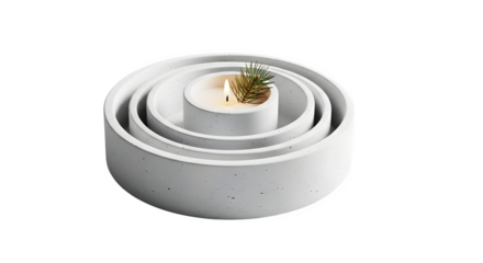 Elegant white candle with sprig of rosemary in a modern concrete holder isolated on transparent background minimalist style