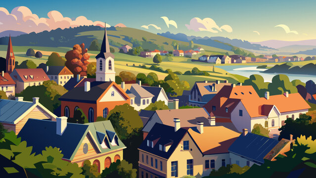 Very beautiful panoramic view of rooftops in a residential area of Lambertville, New Jersey, capturing charming homes, rolling greenery, and a peaceful small-town atmosphere under soft daylight.