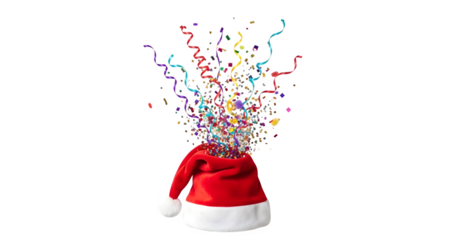 Santa hat with colorful confetti isolated on transparent background, a festive and joyful image for christmas and new year celebrations