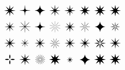 Various sparkling star and light burst icons and symbols in black, diverse shapes for design elements and graphic effects.