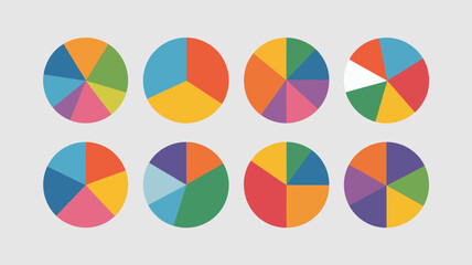 Obraz premium Colorful pie chart collection displaying various data distributions, percentages, and statistical analysis visuals.