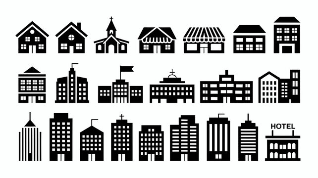 Urban and suburban buildings icon set: houses, shops, churches, offices, skyscrapers, hotels in clean black silhouette graphics.