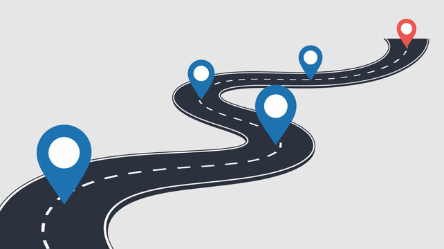 Winding road with multiple blue location pins leading to a red destination marker, symbolizing a strategic journey