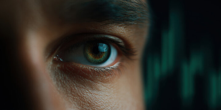 Intense investor eye, finance, focus, reflection, green chart glow, macro detail