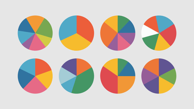 Colorful pie chart collection displaying various data distributions, percentages, and statistical analysis visuals.
