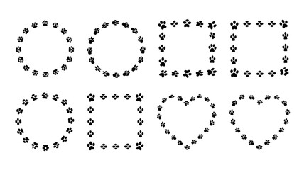 Black paw print frames and borders collection. animal foot tracks in circular, square, and heart shapes for pet designs and decor.